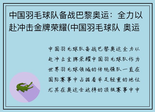 中国羽毛球队备战巴黎奥运：全力以赴冲击金牌荣耀(中国羽毛球队 奥运)