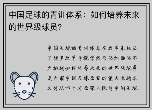 中国足球的青训体系：如何培养未来的世界级球员？