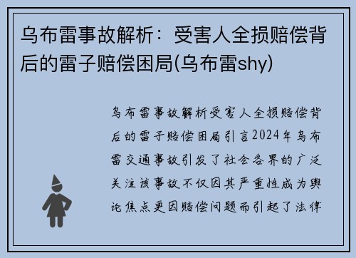 乌布雷事故解析：受害人全损赔偿背后的雷子赔偿困局(乌布雷shy)