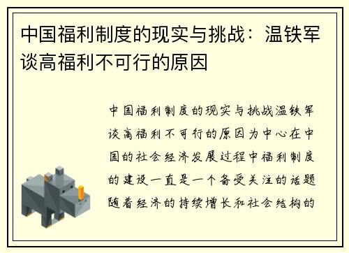 中国福利制度的现实与挑战：温铁军谈高福利不可行的原因