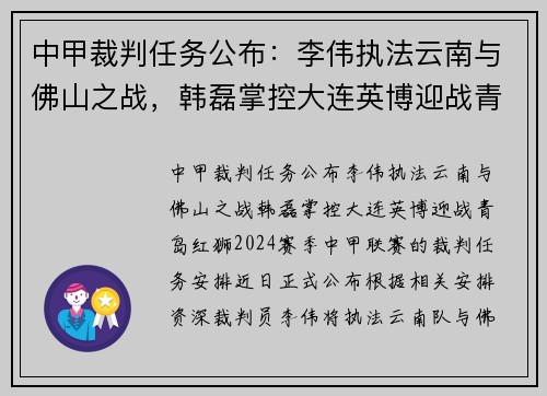 中甲裁判任务公布：李伟执法云南与佛山之战，韩磊掌控大连英博迎战青岛红狮