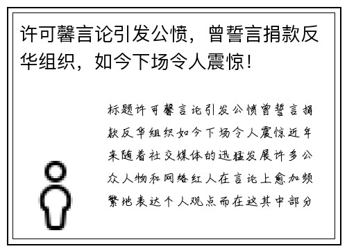许可馨言论引发公愤，曾誓言捐款反华组织，如今下场令人震惊！