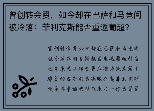 曾创转会费，如今却在巴萨和马竞间被冷落：菲利克斯能否重返葡超？