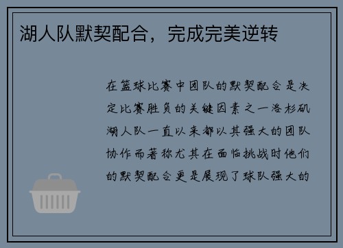 湖人队默契配合，完成完美逆转